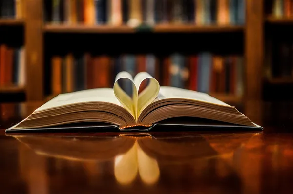 aufgeschlagenes Buch zwei Seiten zum Herz gefaltet