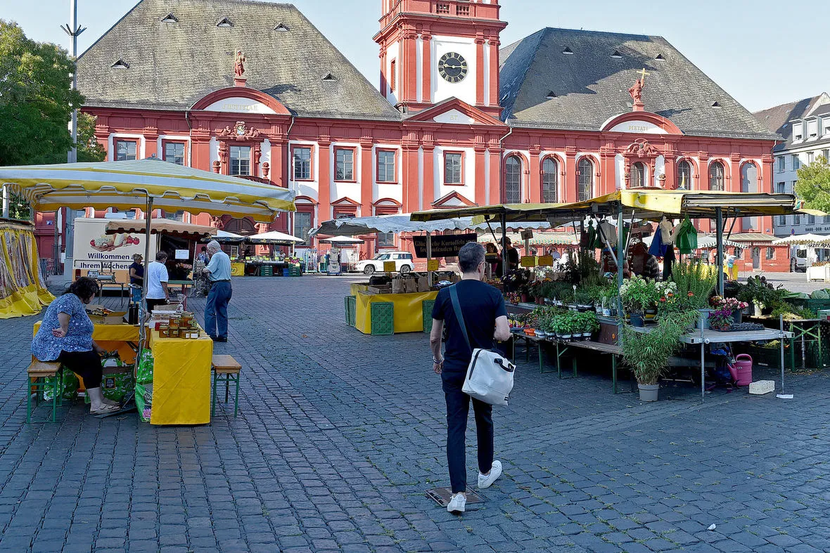Marktplatz Mannheim mit Wochenmarkt und Rathaus