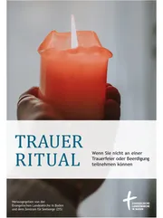 Eine Hand hält eine brennende rot-orangeschen Stumpenkerze. Quer darüber ein Textfeld mit dem Wort Traueritual