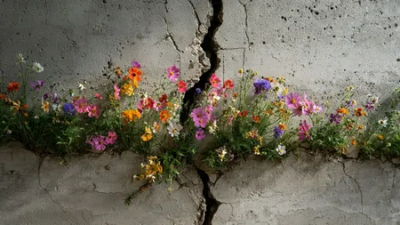 Quelle: unsplash.com I salEh Bunte Blumen wachsen aus einem Mauerspalt